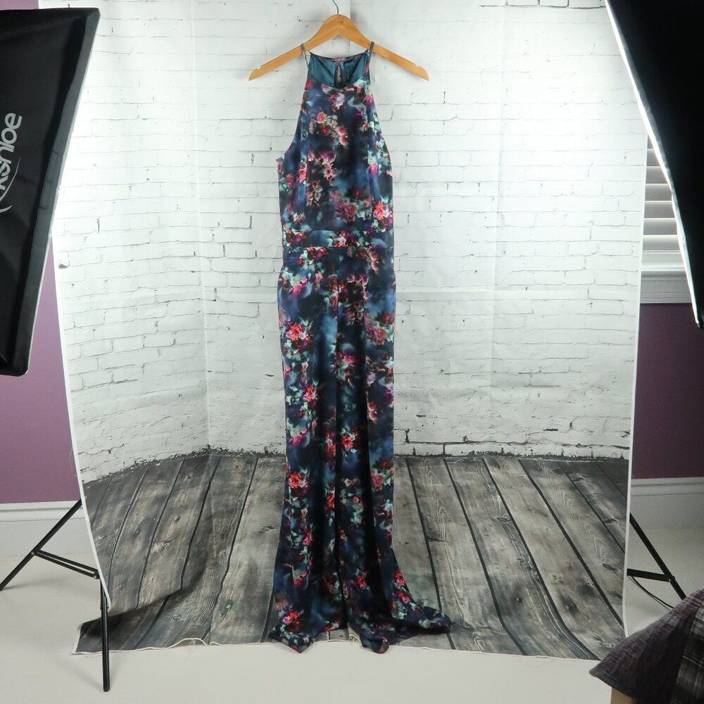 BEBE BLUE PINK & PURPLE FLORAL HIGH NECK WIDE LEG JUMPSUIT WITH POCKETS SIZE 8